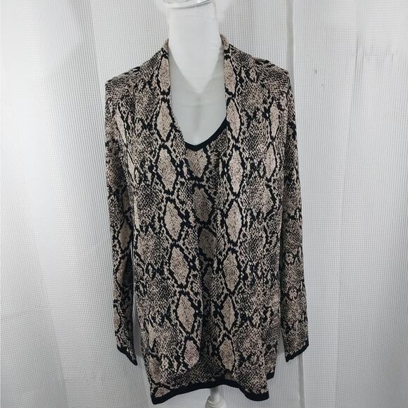 NWOT! CHICO'S! RICH BLACK & GOLD METALLIC SNAKESKIN KNIT NECKTIE SWEATER! SZ L - Picture 3 of 11